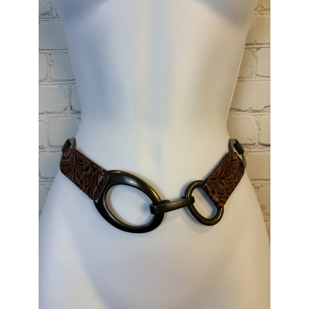 Sandy Duftler vintage belt leather Dark Brown Brass tone chain stretch Hook M